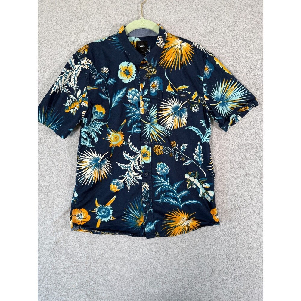 Vans Mens XL Short Sleeve Button Down Shirt Blue Floral Tropical Hawaiian Travel